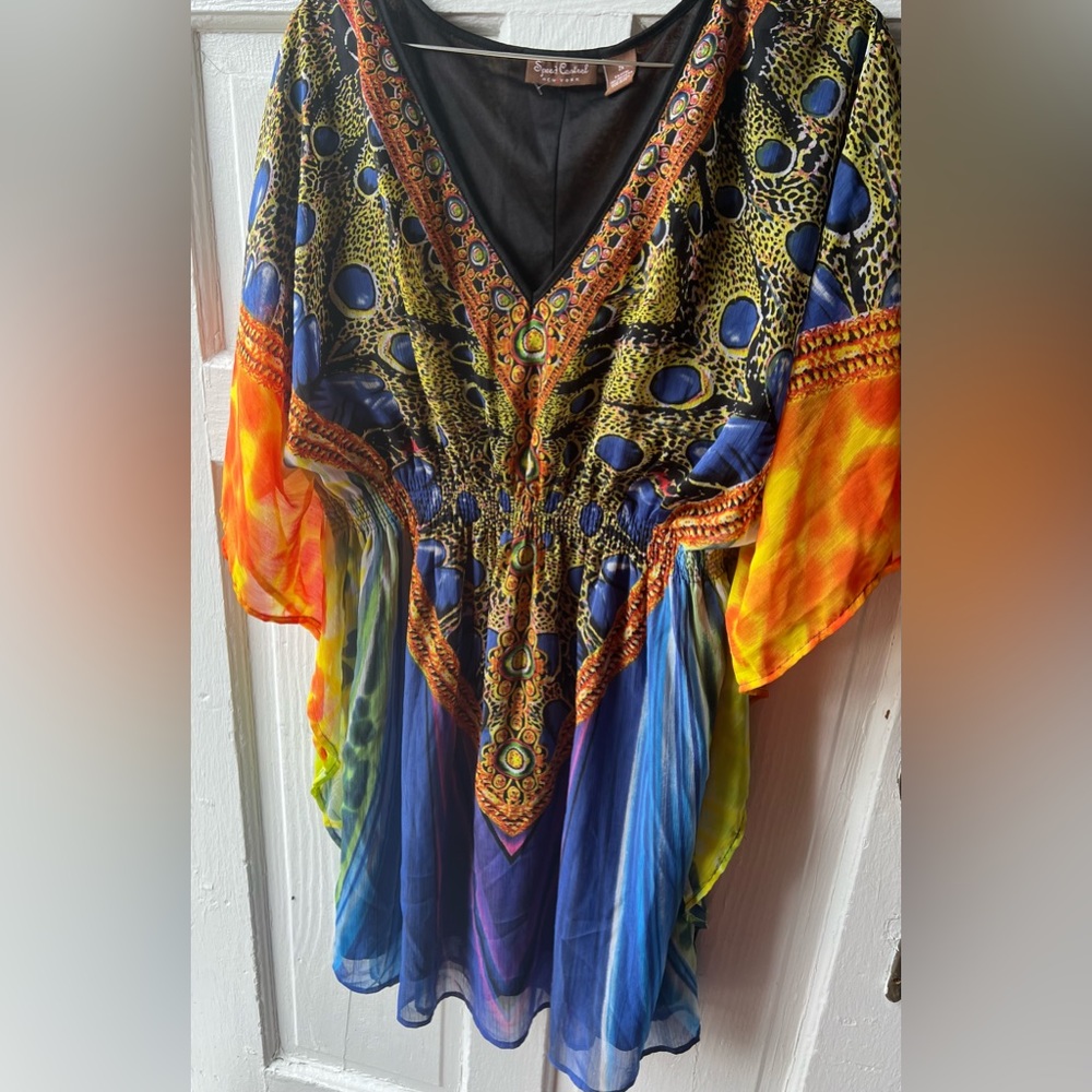 Gorgeous Hand Dyed Yellow Blue Chiffon Batwing Dress Size 2x